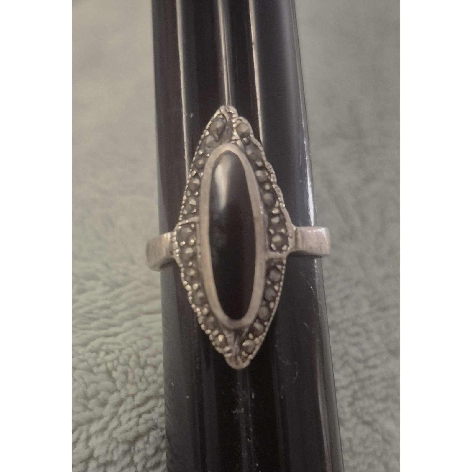 Vintage 925 Sterling Silver Marquise Onyx And Marcasite Ring Size 7.5